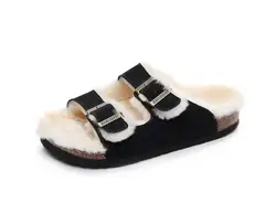 Faux Fur Lined flat slippers for ladies plush cork sole home women slippers