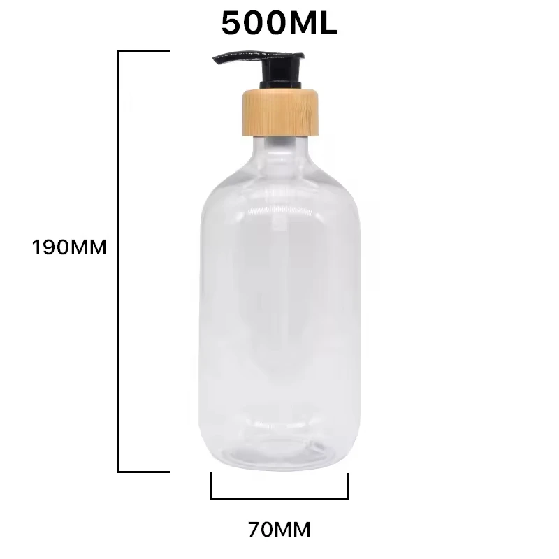 500ml clear frost round PET plastic  shampoo bottle  packing clear bottles  with bamboo pump