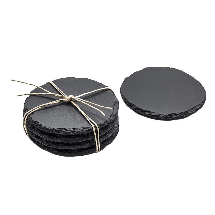 High-Quality China Factory Wholesale D10cm Natural Round Slate Coaster Set with Paper rope