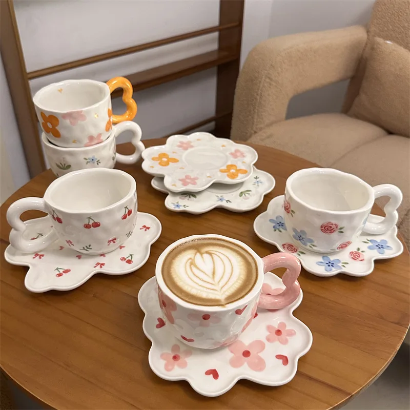 Lelyi Factory made hand-painted flower cherry coffee cup and saucer light luxury gift ceramic cup cloud plate set