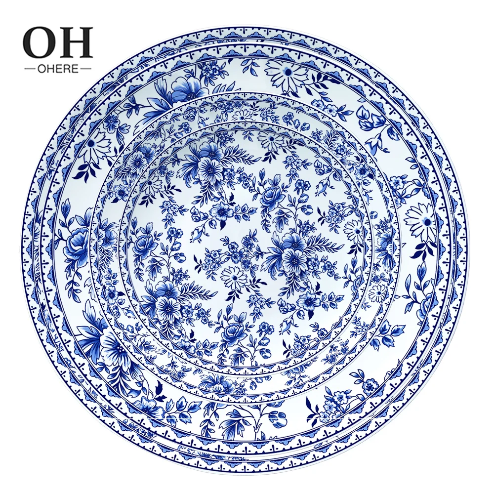 Dinner Plate with Blue&White Flower Porcelain Charger Plate Dish Wholesale Ceramic Dinner Det for Weeding&Rental&Party