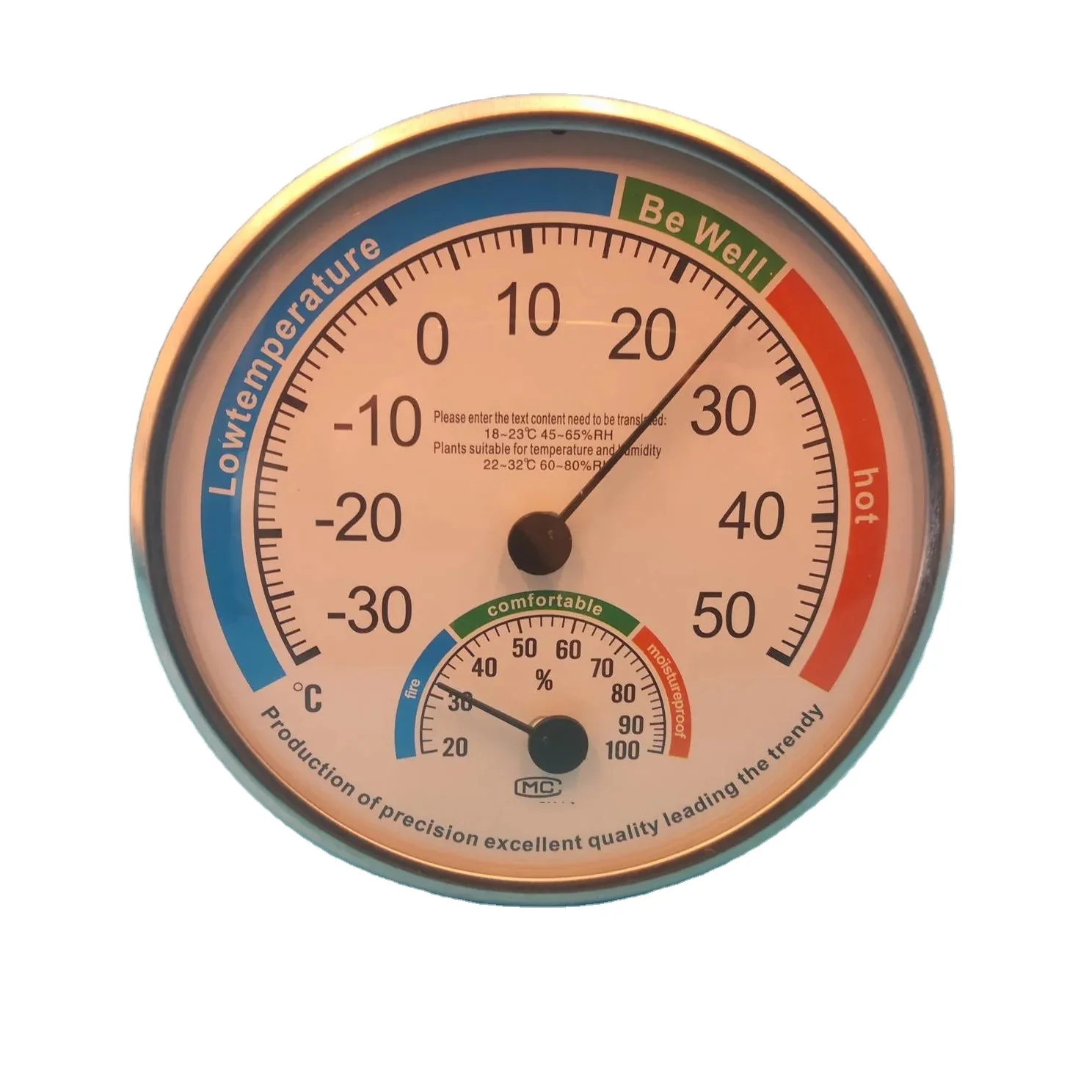 Dial cold room hygrometer thermometer of household indoor mount on wall or stand on desk analog mechanical battery-free 5 inch