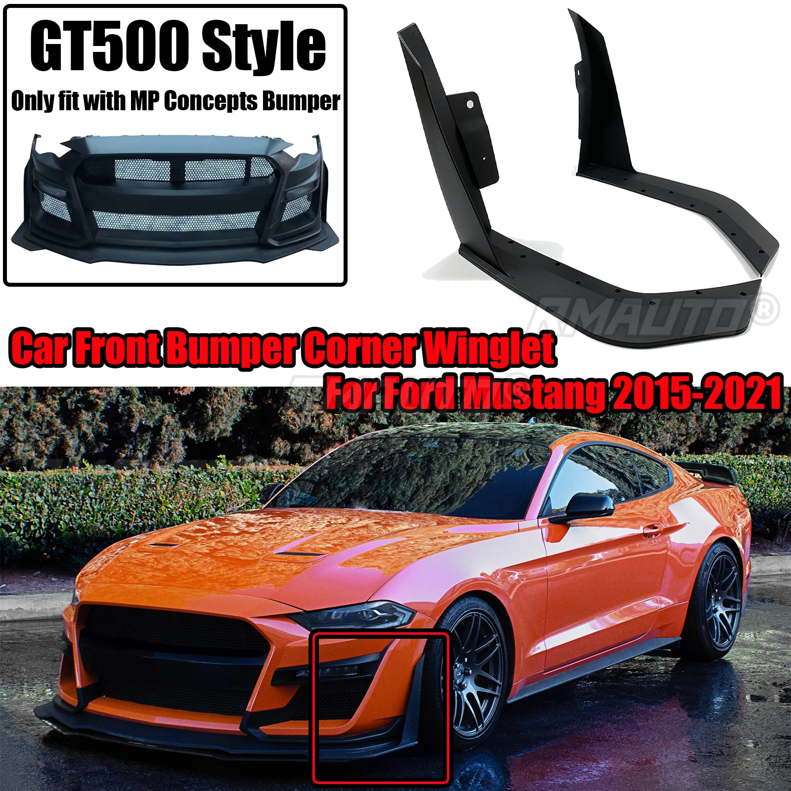 A Pair Car Front Bumper GT500 Style For Ford Mustang 2015-2021 Corner Spoiler Winglet Splitters Fit with MP Concepts Bumper
