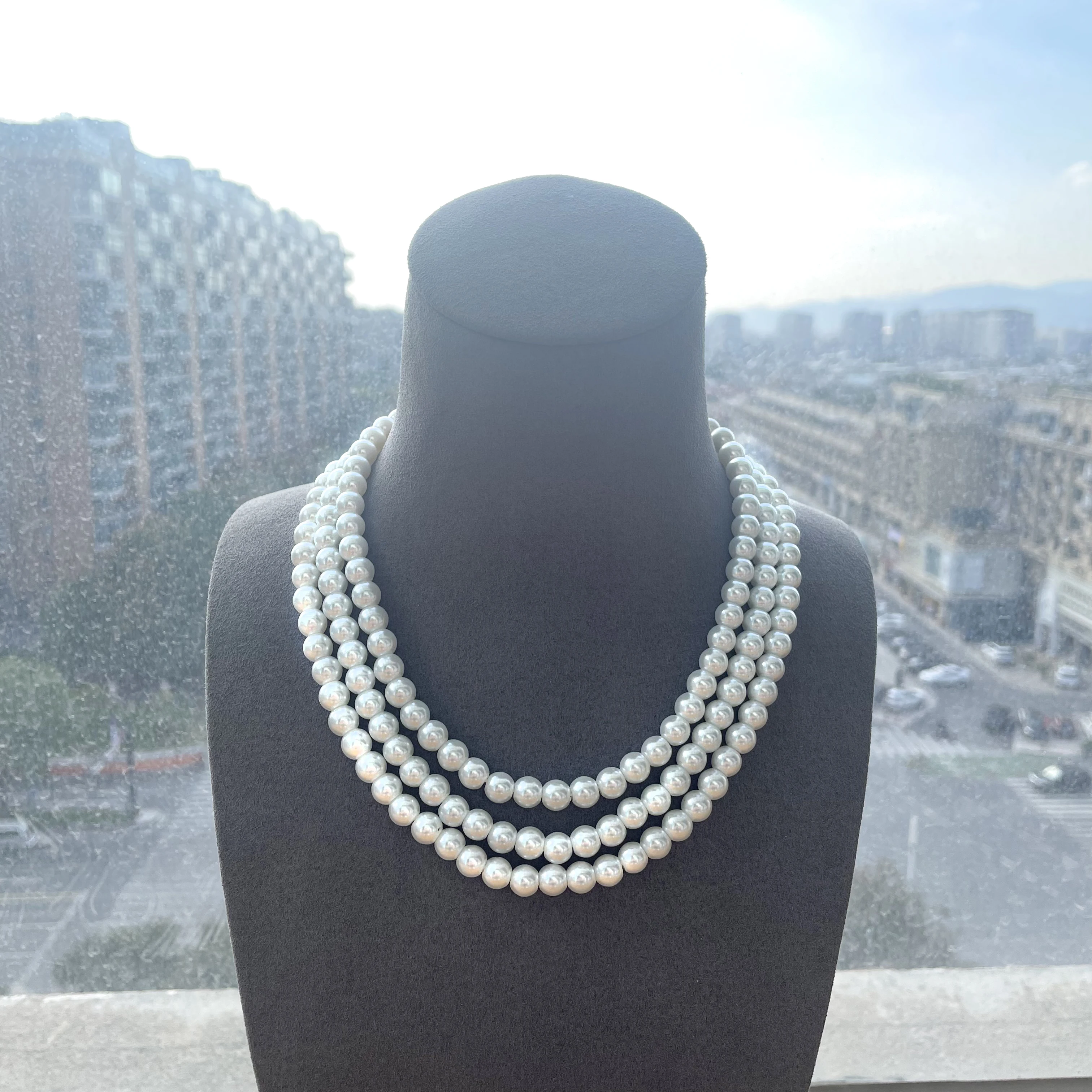 Customized Multiple Layer Simulated Faux Pearl Big Statement Strand Bib Pendant Long Jewelry Beaded Necklace