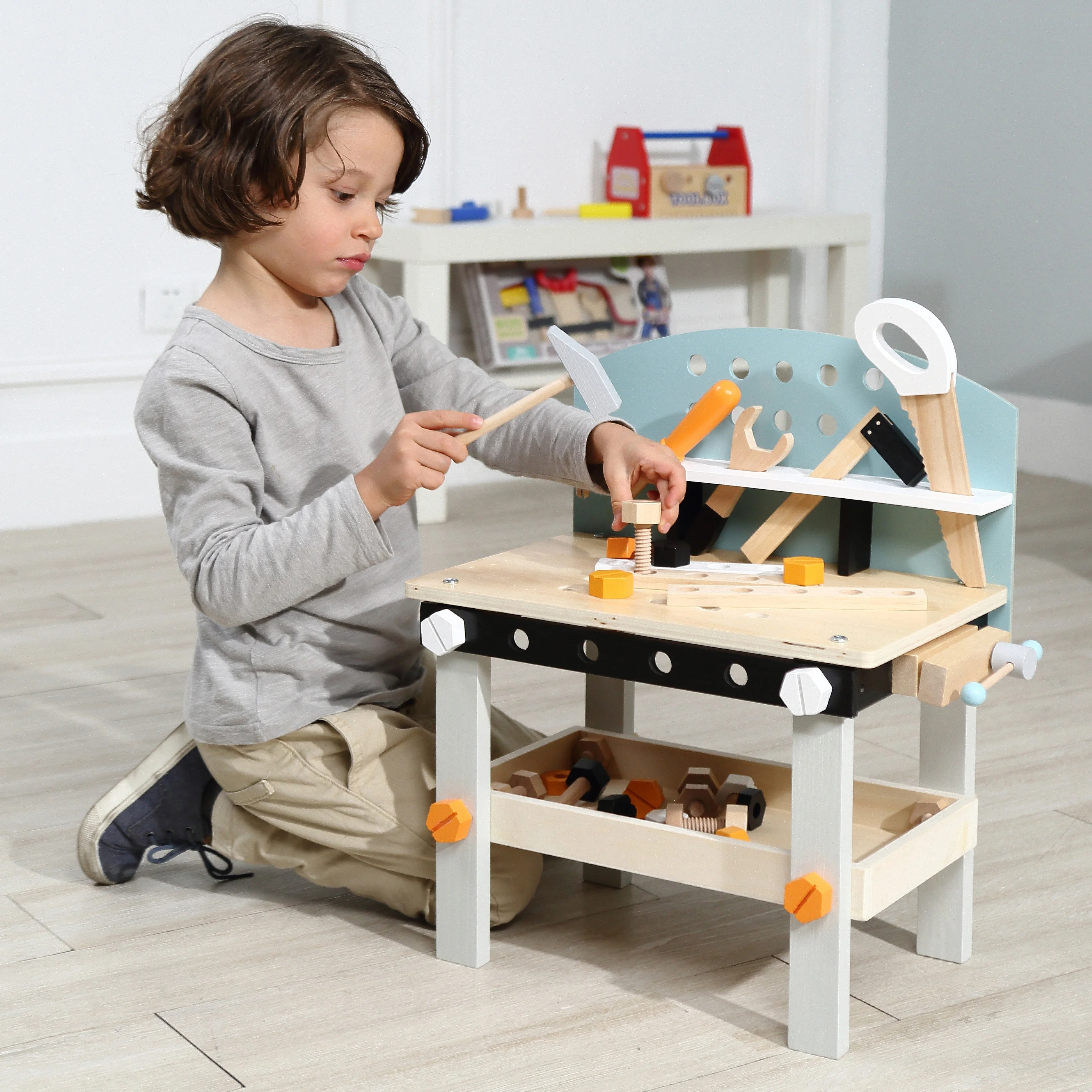 Montessori Toys Educational Multifunctional Blue-gray Wooden Work Bench Toy for