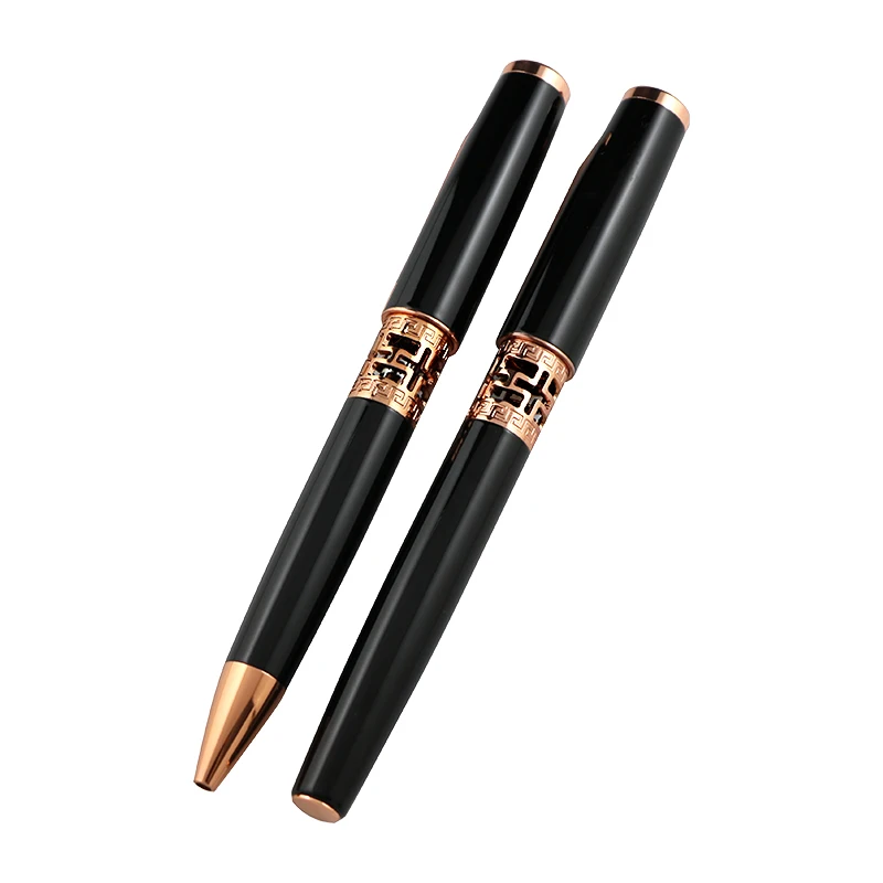 Luxury double pen set elegant white rose gold carved embroidery rollerball ballpoint pen sublimate pen black