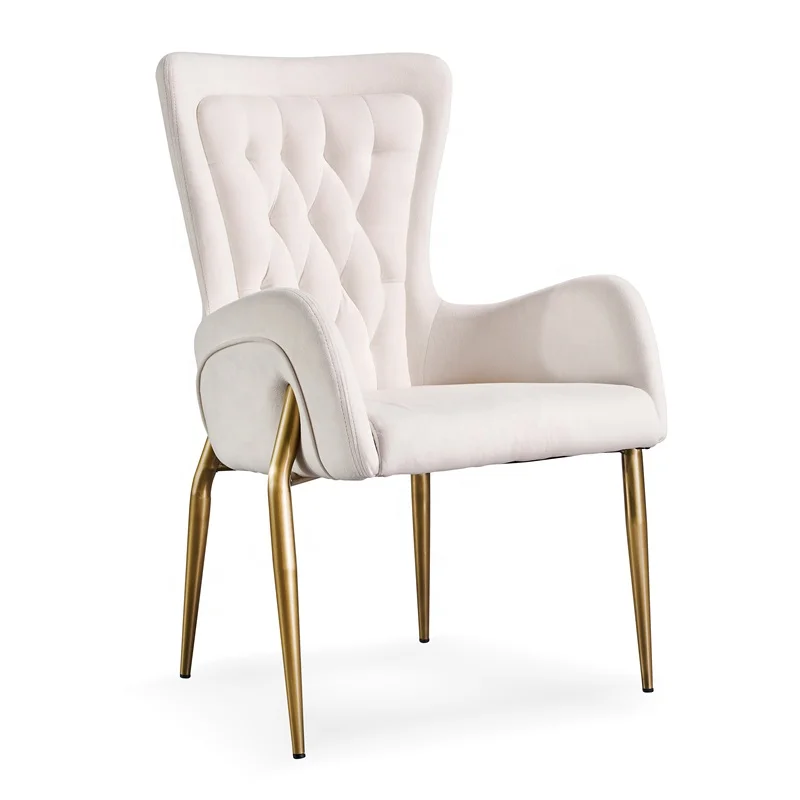 Nordic Design Chair Velvet Gold Metal Frame Leisure Modern Arm Accent Chair Comfy Upholstered Tufted Leisure Sofa Dining Chair