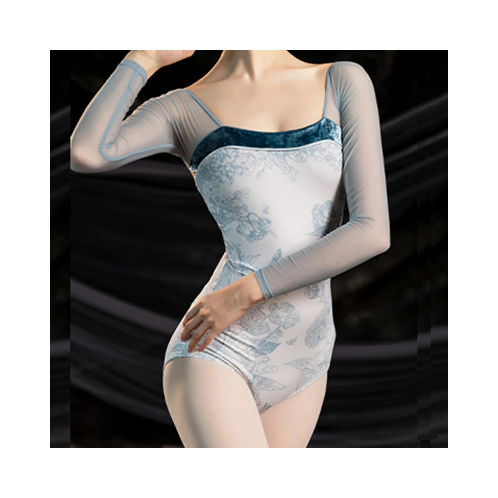 Fashionable Embroidery Selected Mesh Fabric Leotards Breathable Gymnastic Long Sleeves Leotards Dance Wear Training Bodysuit