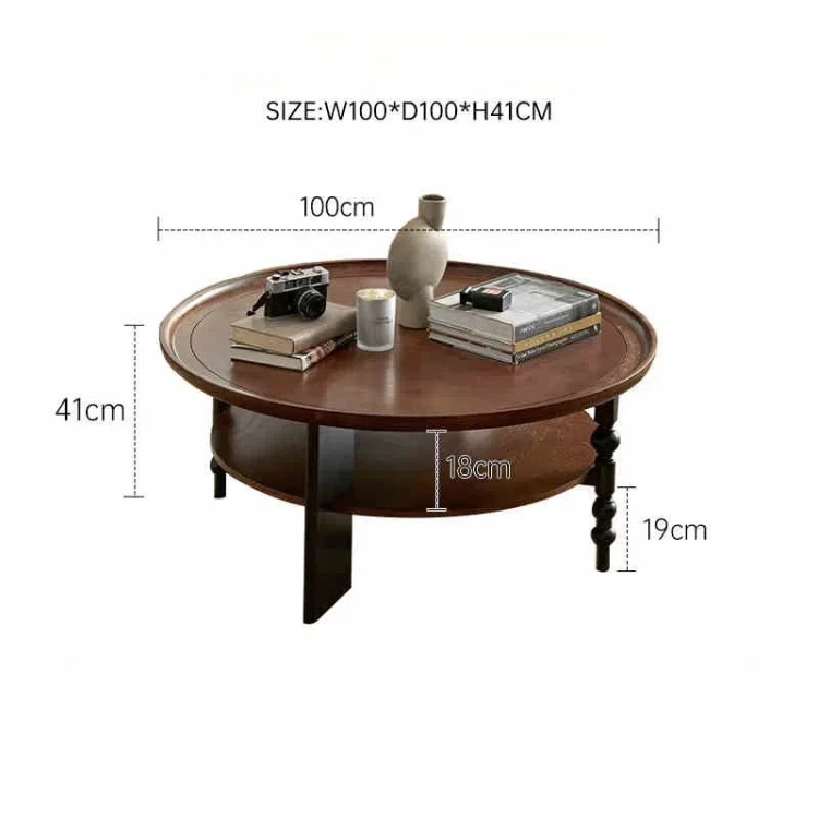 Japanese-style solid wood rattan tea table round home simple small apartment living room coffee table