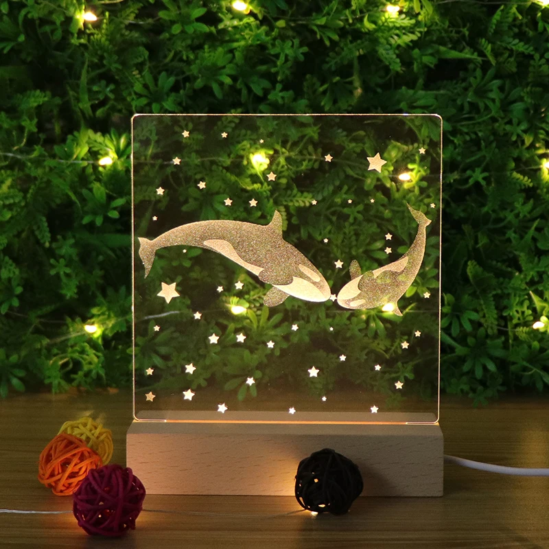 New Design For Child Acrylic Carved Inside 3D Wooden Night Light LED Base With USB Charge Mood Lamp