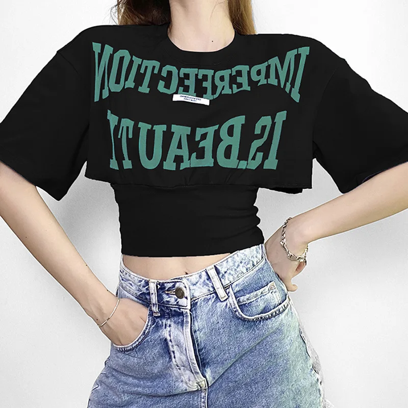 
INS fashion streetwear letter printing short sleeve women crop tops o neck hollow out crop tops 