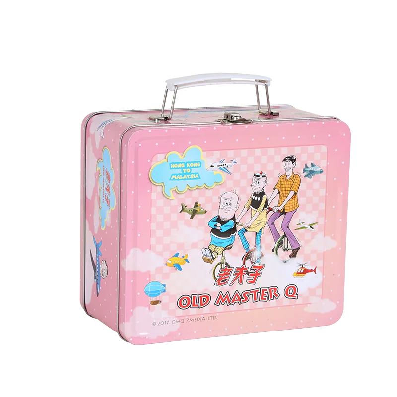 Professional customization  tinplate cute printed metal tin box packaging with buckle and handle