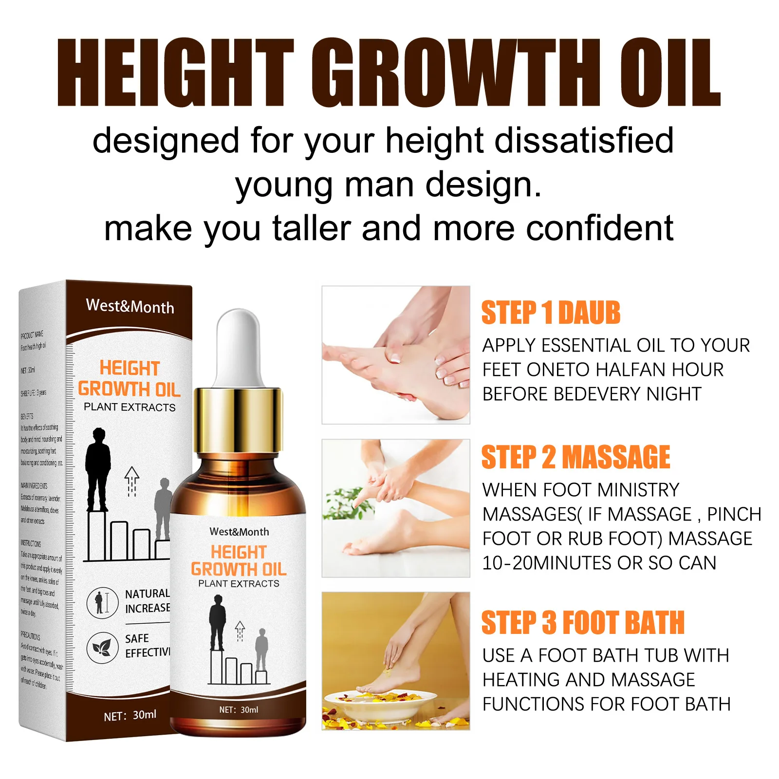 Hot Sale West Month Natural Plant Extract Foot Massage Essential Oils Promote Bone Growth Height Growth Oil
