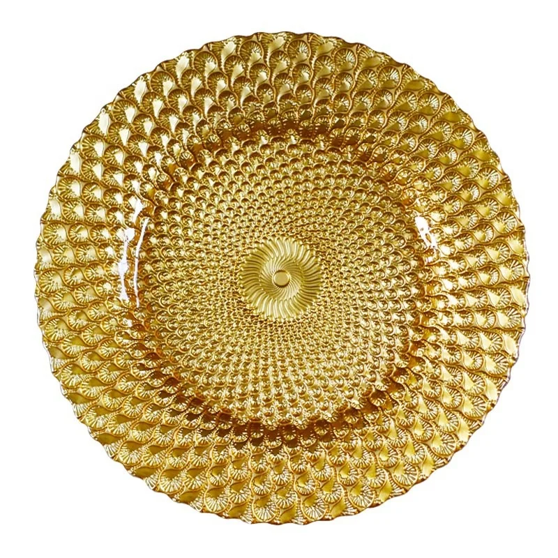 13Inch Tableware Wedding Decoration Glass Under Plates Catering Event Peacock Glass Charger Plate