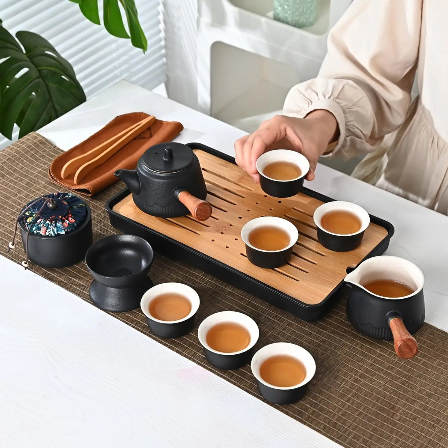 14 Piece Porcelain Tea Set With grey Leather Case Portable Kungfu Tea Set with Bamboo tea tray for Business,Home and Hotel