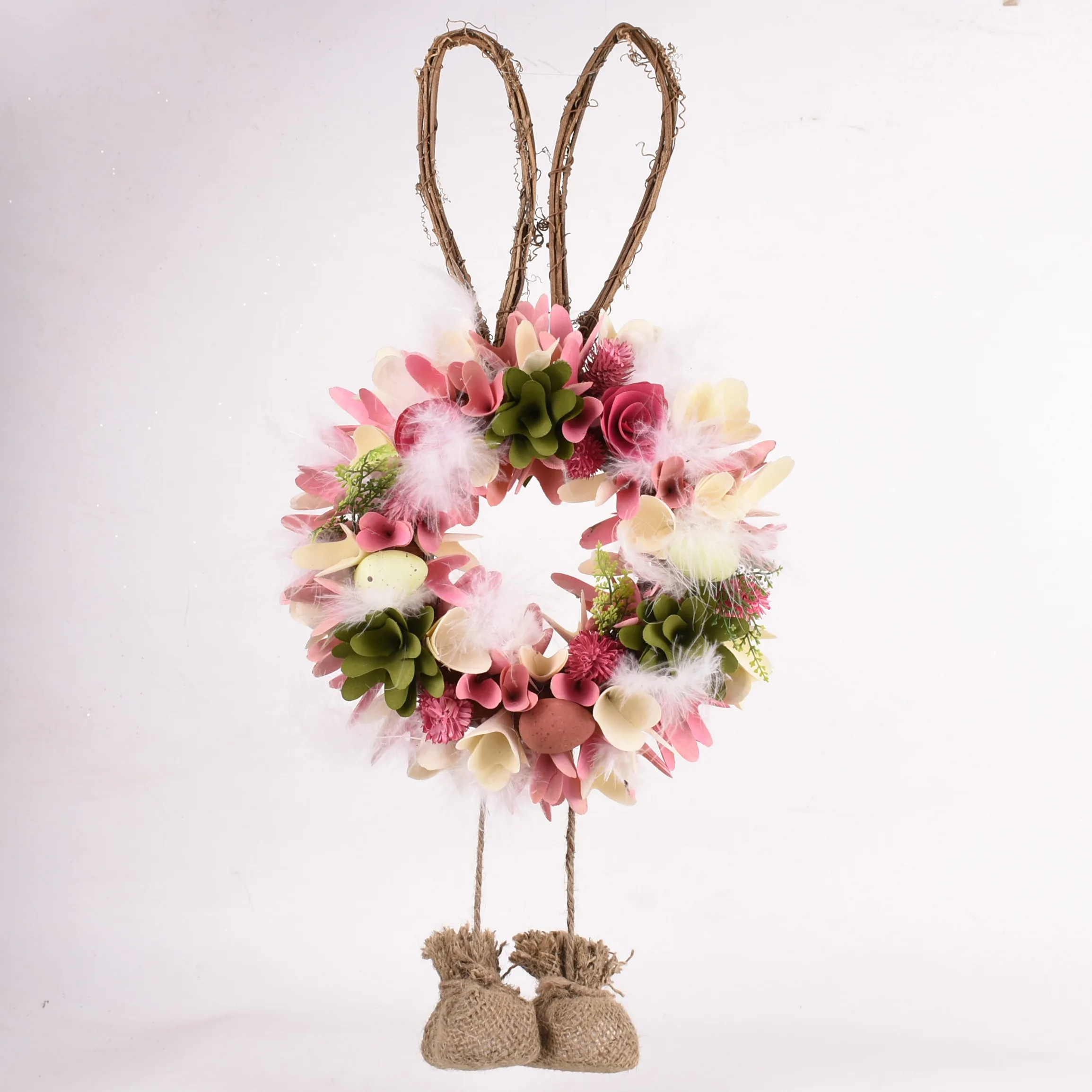 GY BSCI Easter Decoration Supplier Spring Wooden Curl Rabbit Easter Bunny Wreath Decoration