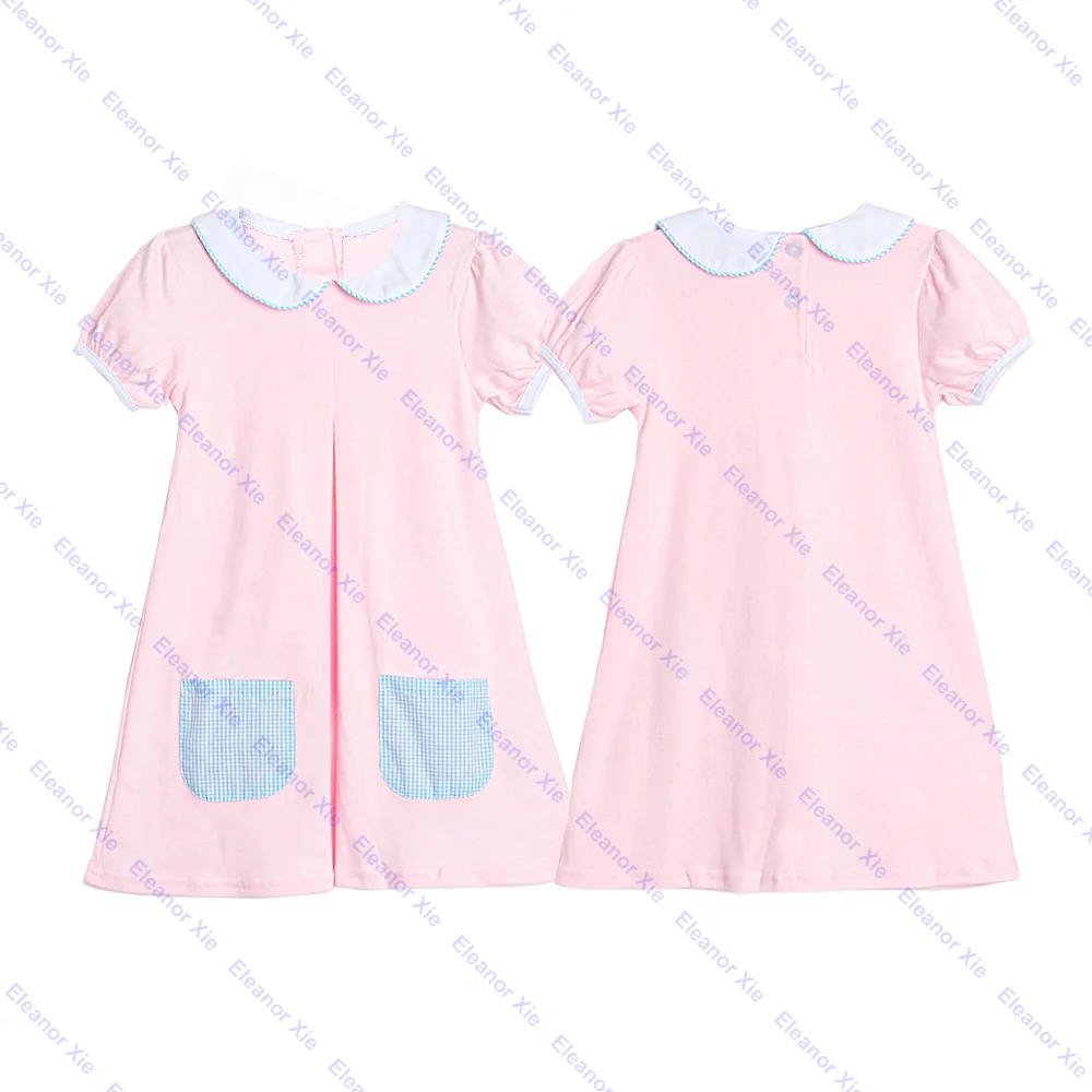 New model cotton knitting embroidery children toddler baby girls dresses summer short sleeve collared kids dress