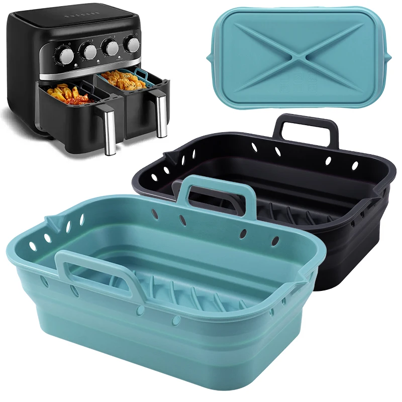 2 Packs Rectangle Air Fryer Accessories Non-stick Reusable Silicone Folding Baking Pan Air Fryer Basket Liners Pot For 3 to 5 qt