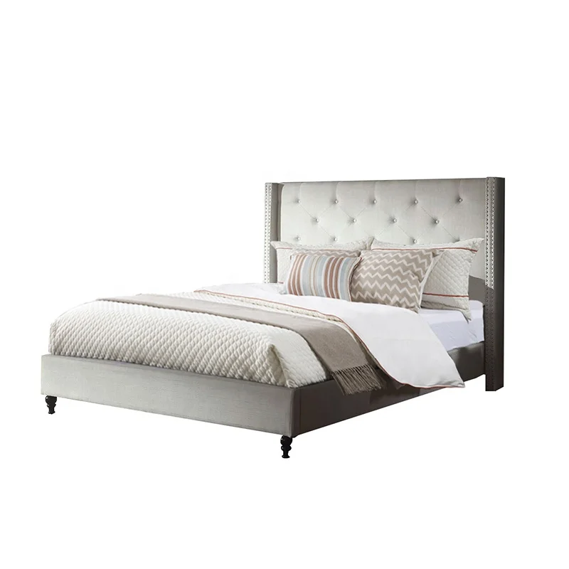 Лидер продаж Tufted обитый король королева размер льняная ткань кровать с изголовьем