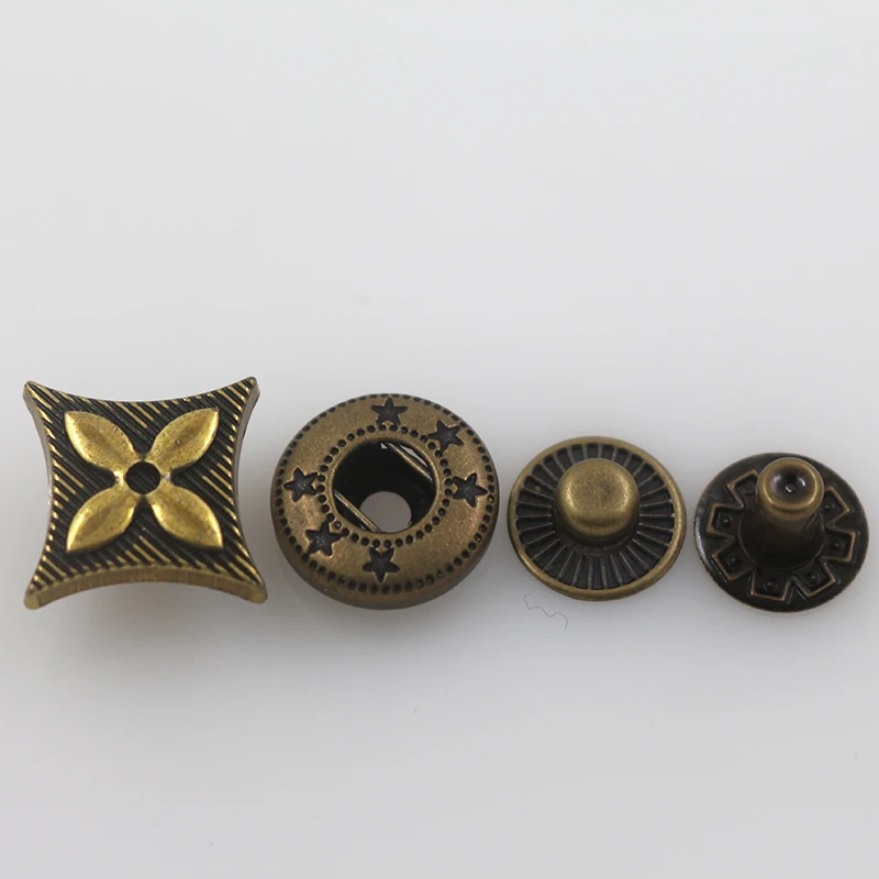 Custom engraved logo flower pattern spring snap fastener metal four part snap button for clothing