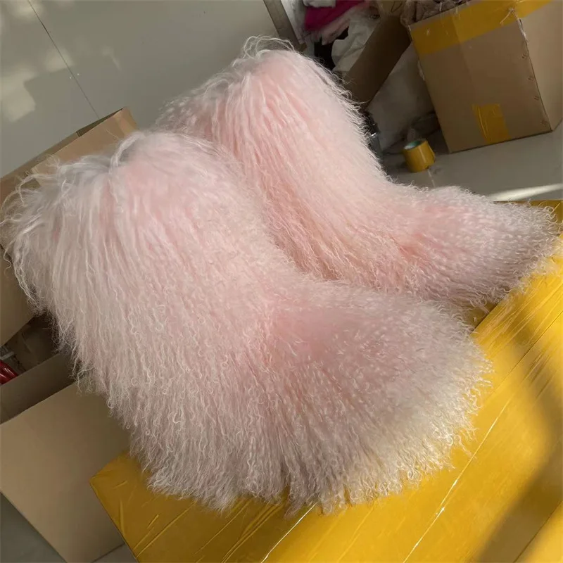 Luxury Fashion Winter Mongolian fur Shoes Woman men Home Ankle Snow Boots fluffy mongolian fur snow boots for women