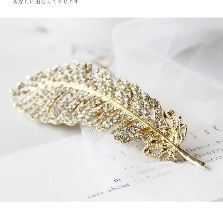 Alloy Top Clip Color Retaining Gold Bangs Clip Classical Headdress Rhinestone Feather Hairpin