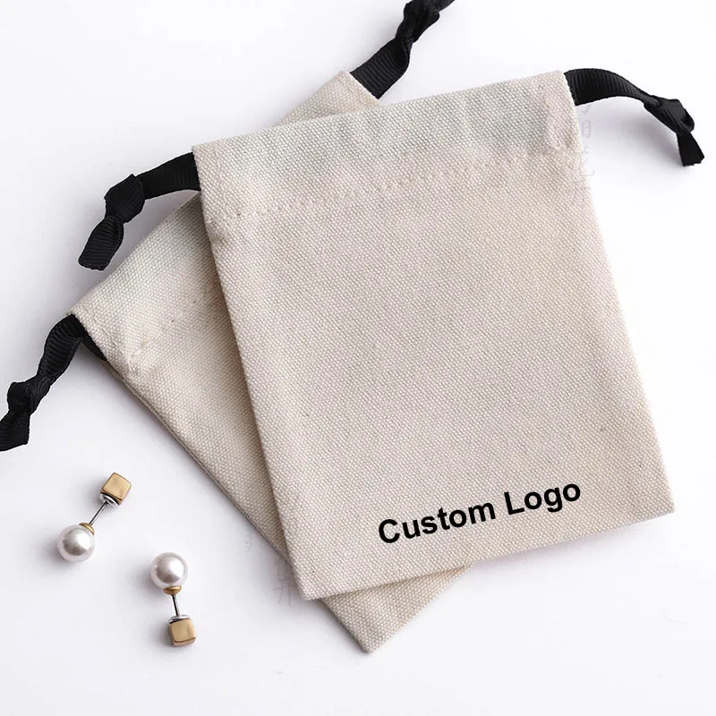 Custom Small Cotton Canvas Drawstring Jewellery Pouch Bag With Logo Print