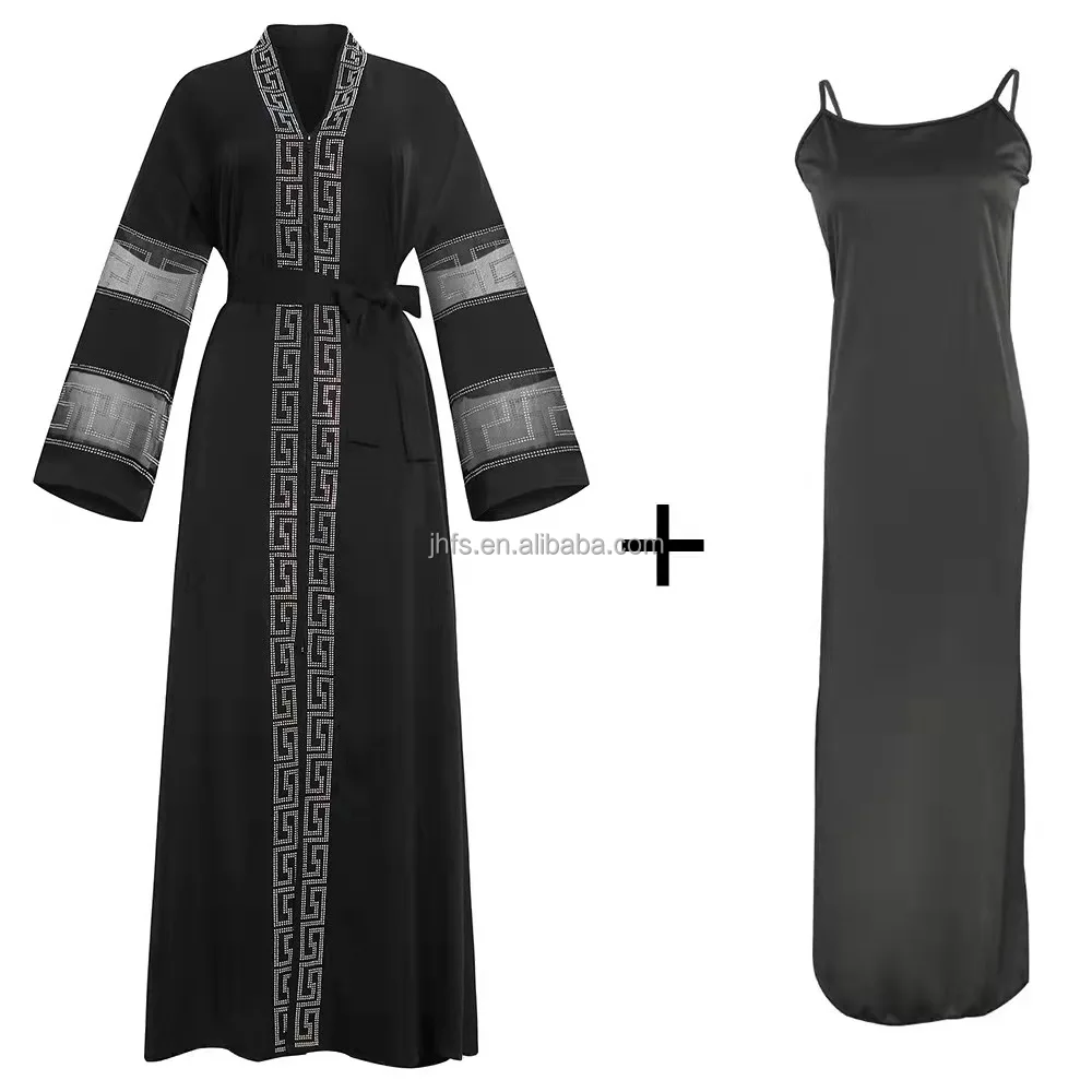 J&H 2022 luxury rhinestone diamond abaya with under dress chiffon 2 piece set Islamic clothing kaftan style muslim dress