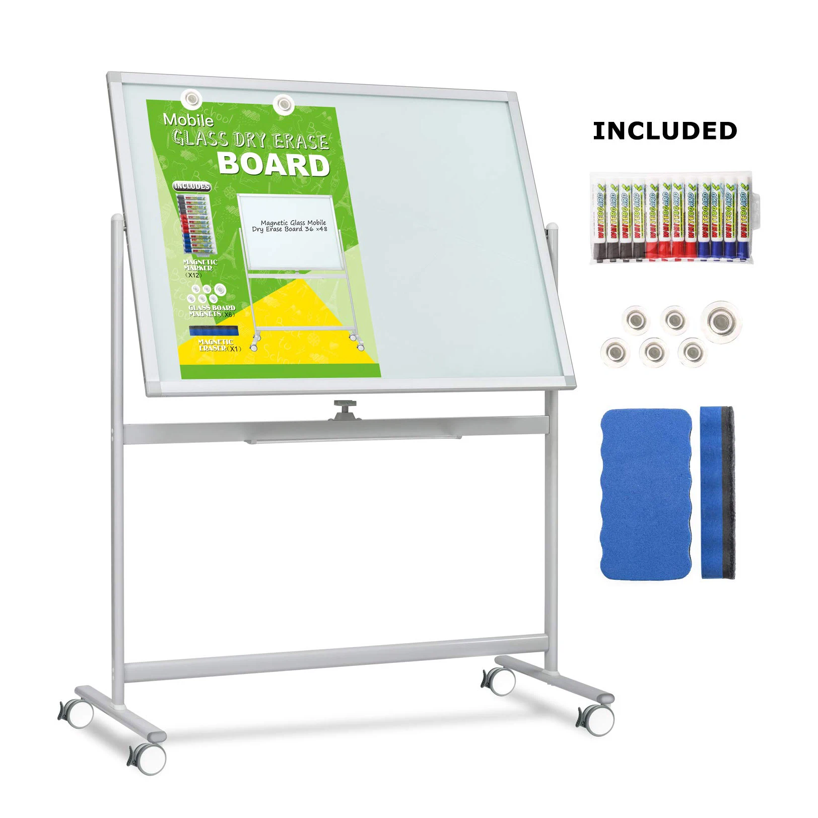 Mobile Glass Whiteboard Double Sided Glass Dry Erase White Board with Wheels Large Rolling Glass Board for Office