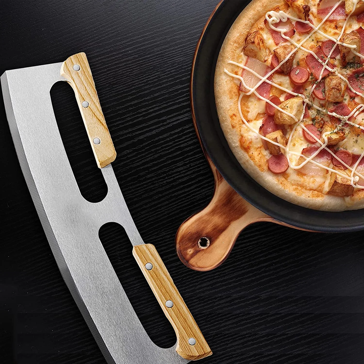 Custom Sharp Blade Stainless Steel Big Pizza Knife Cutter 14 inch Pizza Cutter Rocker cortador de pizza with Wooden Handles