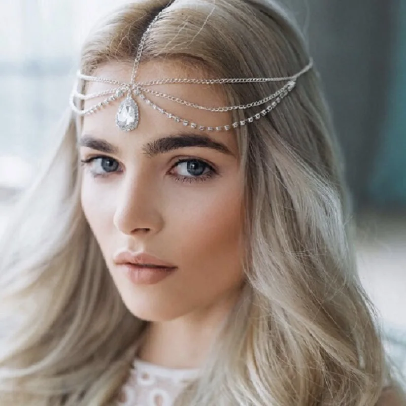 Elegant Women Forehead Crystal Drop Headband Head Chain Headpiece Rhinestone Teardrop Tiara Bridal Wedding Hair Jewelry