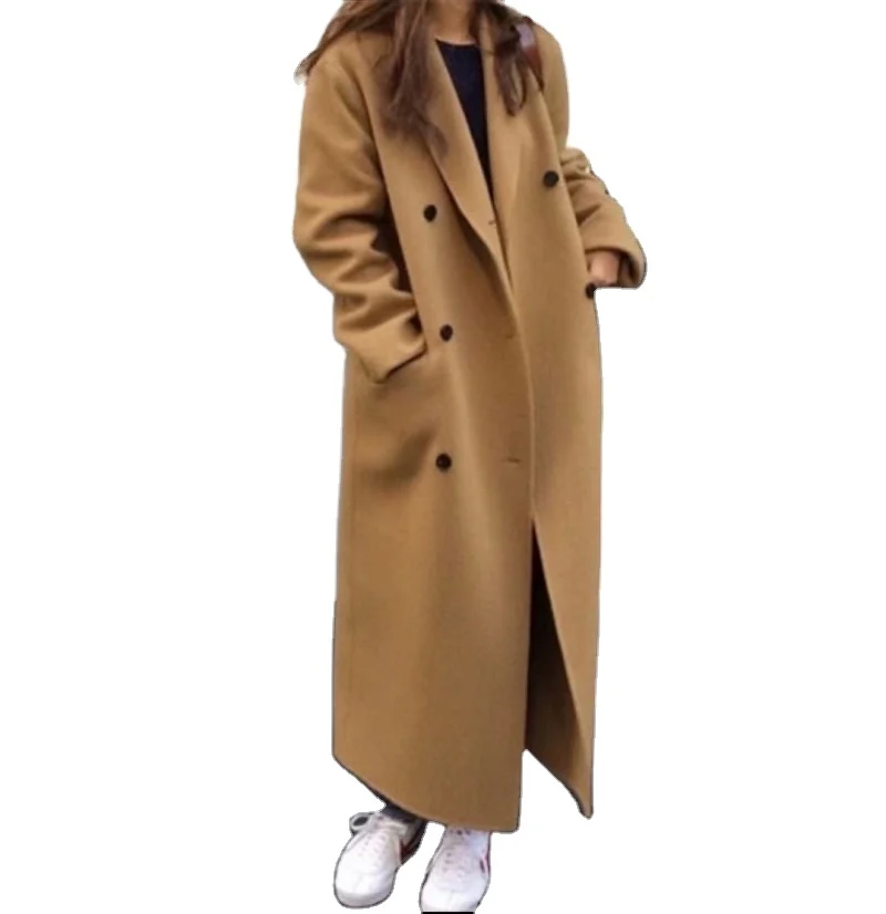 Женское длинное шерстяное пальто LUCKYONE, корейское зимнее шерстяное пальто, двубортная верхняя одежда с длинным рукавом