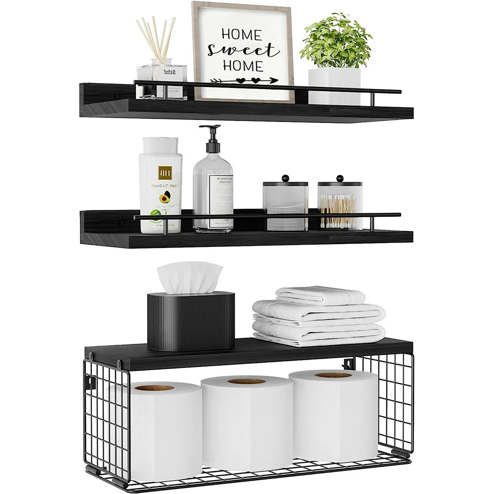 Bathroom decoration set, floating shelving with bathroom wall decoration logo, wooden bathroom shelving set above the bathroom
