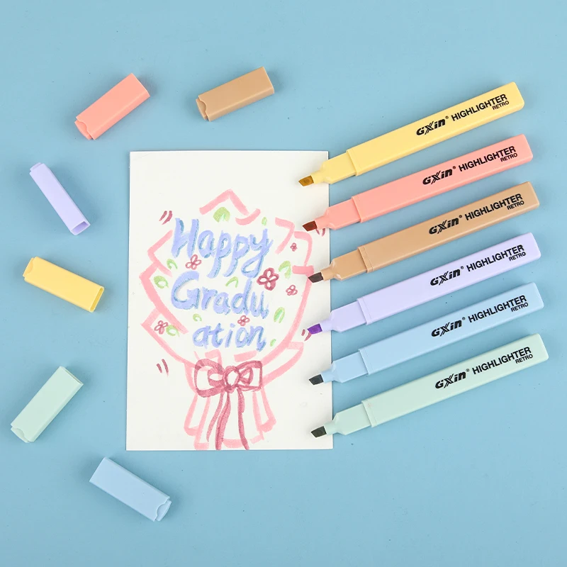 Gxin G-343 6pcs/set retro color highlighter marker pens set writing smoothly fluorescent pen factory price highlighters