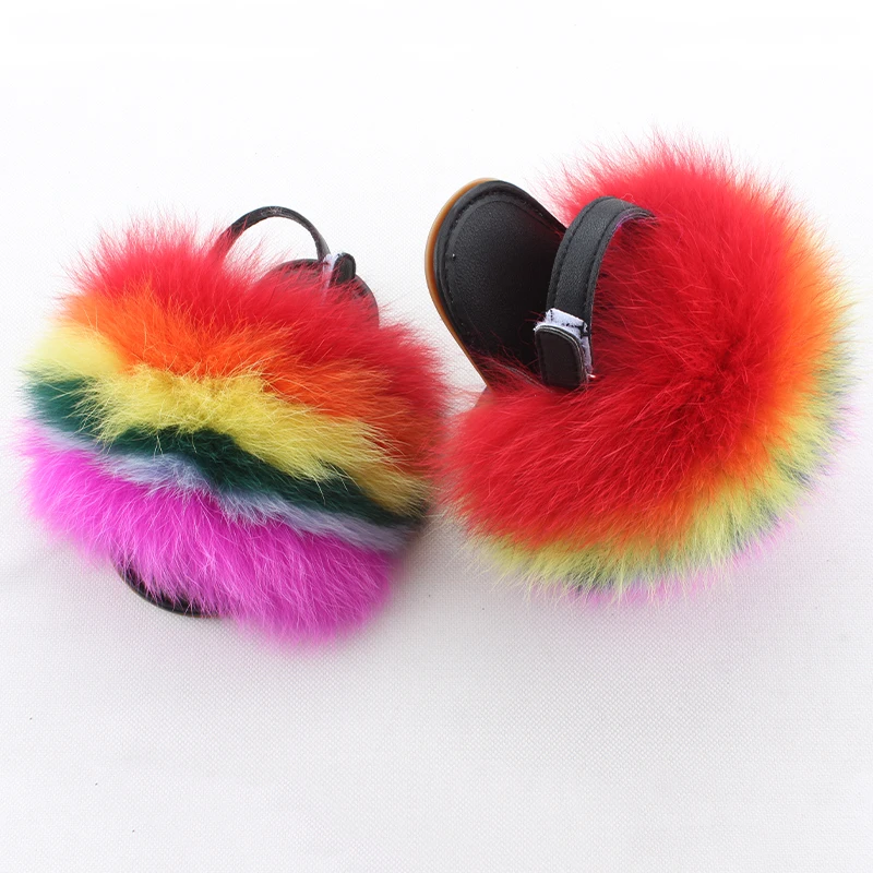 
Soft Fluffy Real Racoon Fur Sandals Kids Fluffy Fur Slides Brown Baby Fur Slides 