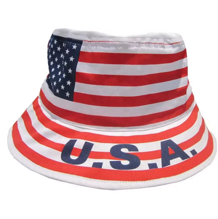 Wholesale Summer Custom Red Blue Color USA American Flag Pattern Fisherman Bucket Hat Cap, soccer fan print hat