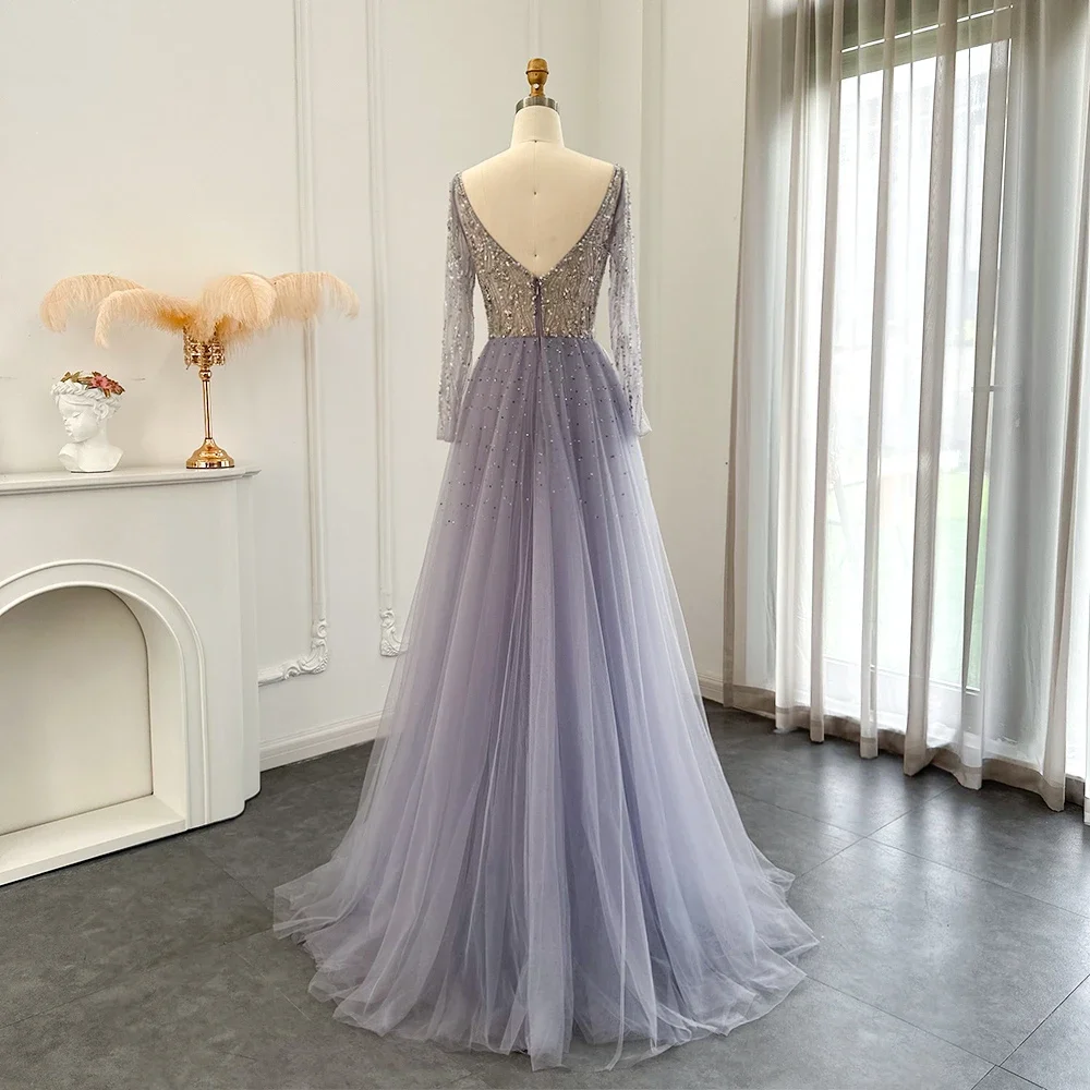 ASA-SS52 Luxury Beading V-neckline Tulle Evening Dresses Plus Size Long Sleeves Purple Party Formal Dresses for Women