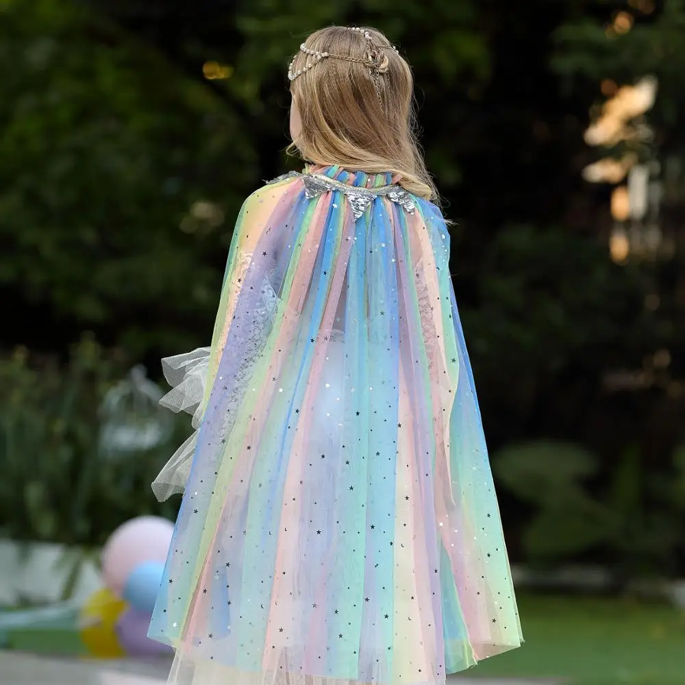 Wholesale Princess Rainbow Sequin Star Kids Girls Chiffon Cape For Evening Dress