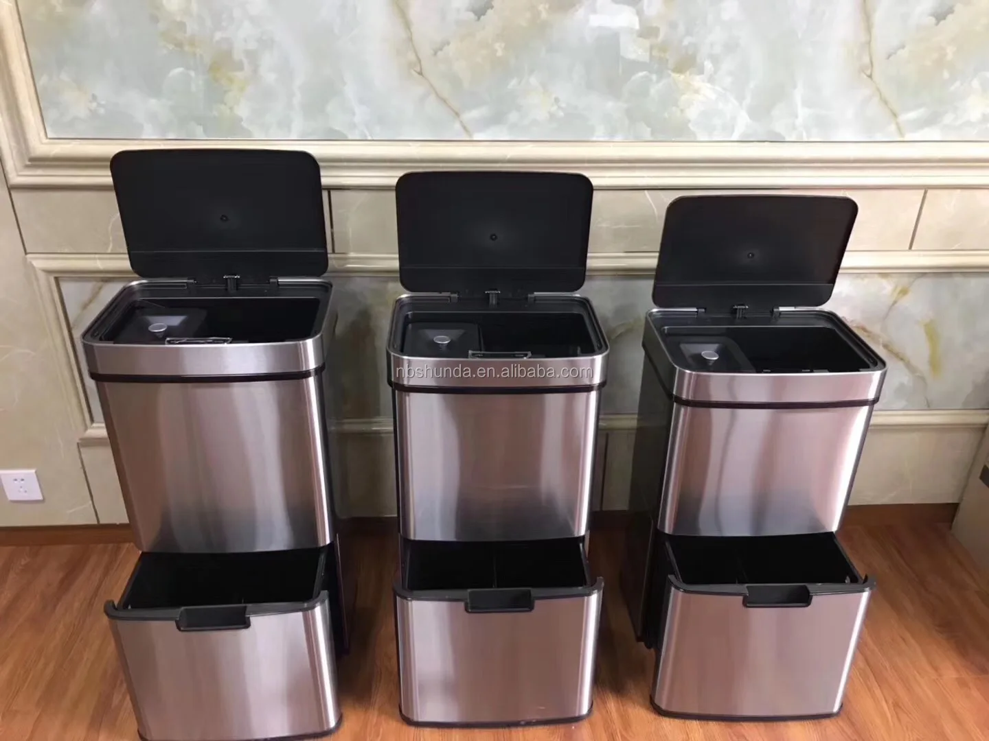 72L Recycling 3 Compartments Stainless Steel Sensor Bin Hands-Free Automatic Infra-Red Operation