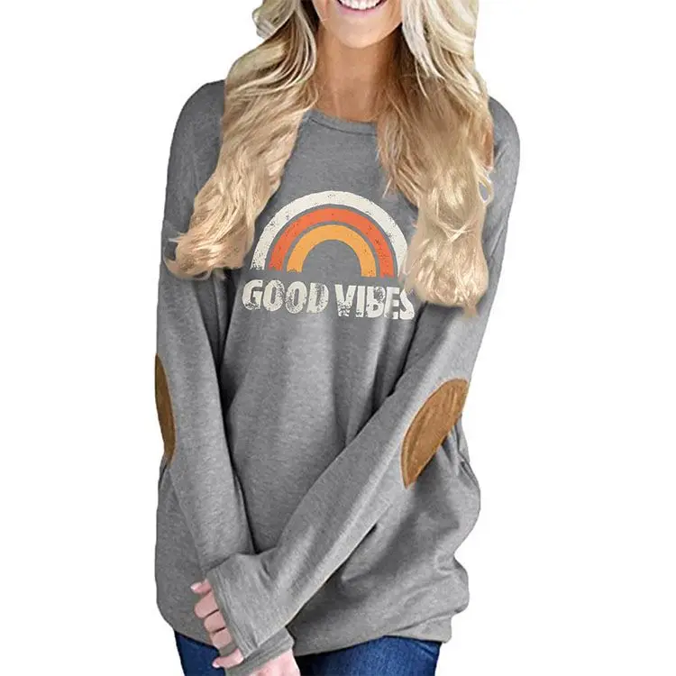 
YHSD86 Wholesale Women Clothes Long Sleeve Good Vibes Letter Print Tunic Blouse Tops Casual Loose Round Neck Sweatshirt 