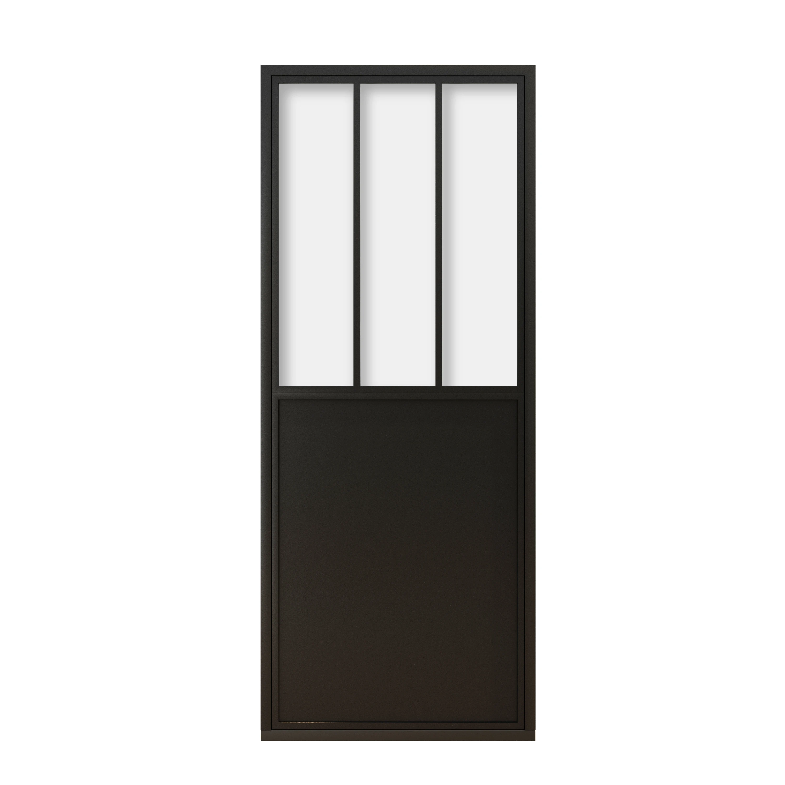 Modern black steel frame glass barn door with kickplate soft closer equipped