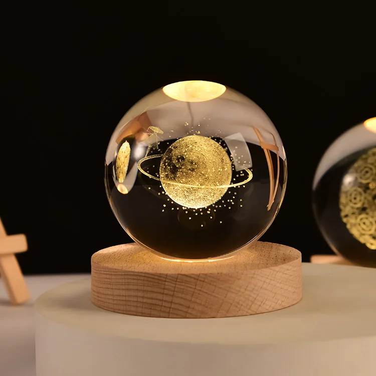 Wholesale 6cm USB Power Night Light 3d Art Interior Ornament Small Crystal Ball Luminous Wood Base Night Light