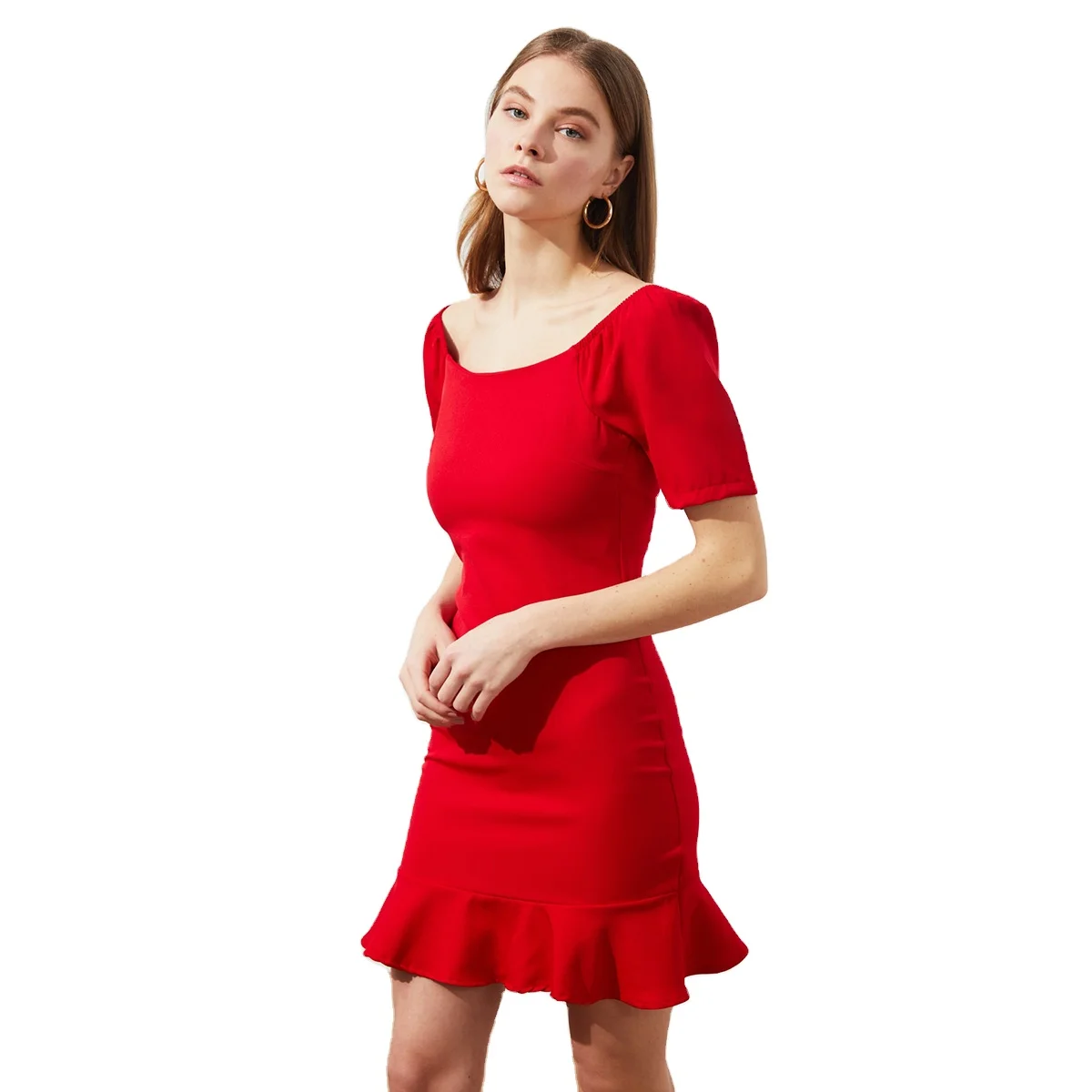Elegant Bodycon Dress Ladies Women Crew Neck Party Pleated Dresses Puff Sleeve Solid Min Dress