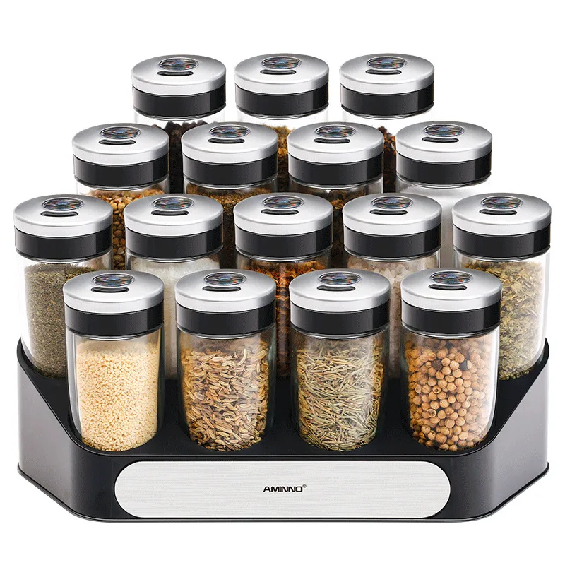 Premium Quality Modern Countertop Spice Rack Organizer with 16-Glass Jars with PP Rack for Solid Spice
