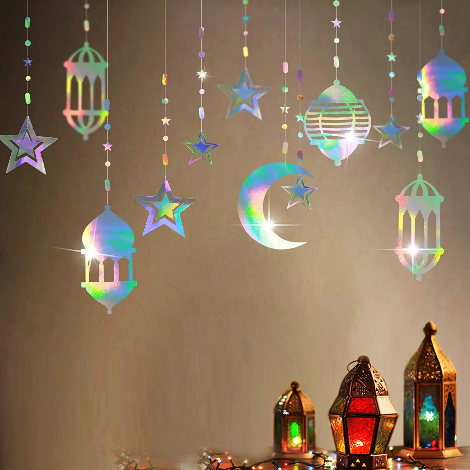 Nicro Laser Iridescent Star Moon Lantern Ramadan Garland Happy Eid Ramadan Decor Euphoria Hanging Streamer Islam Backdrop Banner
