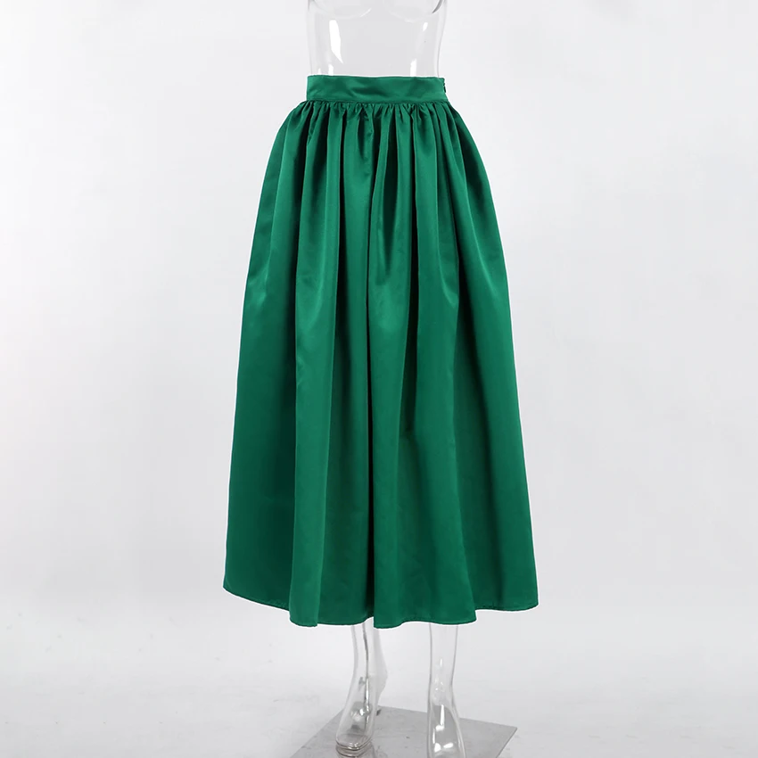 OOTN Autumn Pleated Long Skirt Female Vintage Chic Women Fashion White Party Midi Skirt Elegant Loose Green Skirts