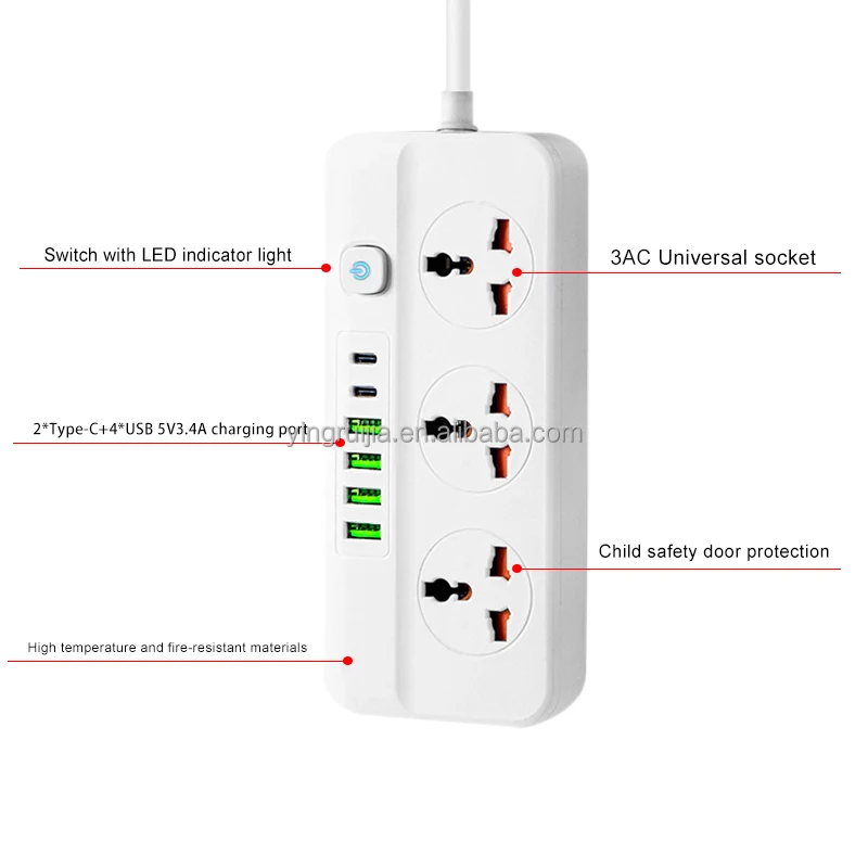 Factory wholesale Universal power strip power socke, Extension cord 3 Outlets with 6 USB port, British Multi socket power strip