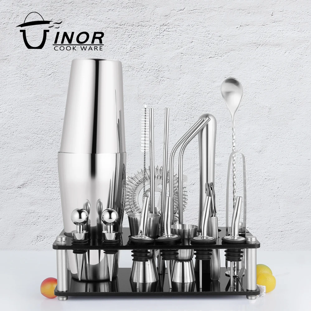 2022 New Arrivals Bar Tools Cocktail Shaker Set 23-Piece Stainless Steel Bartender Kit with Acrylic Stand 4 Whiskey Stones