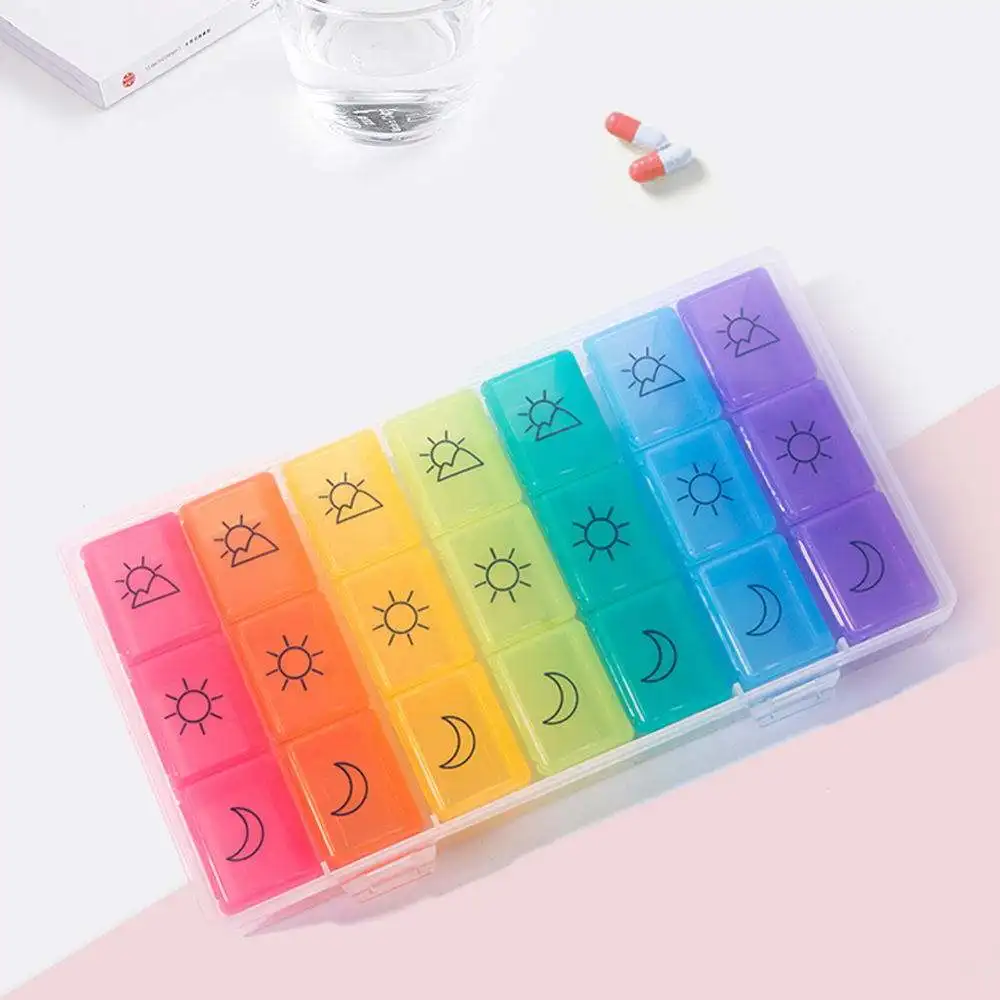 Hot sell Plastic 21 compartments 7 day pill box fancy storage cases with pill cutter