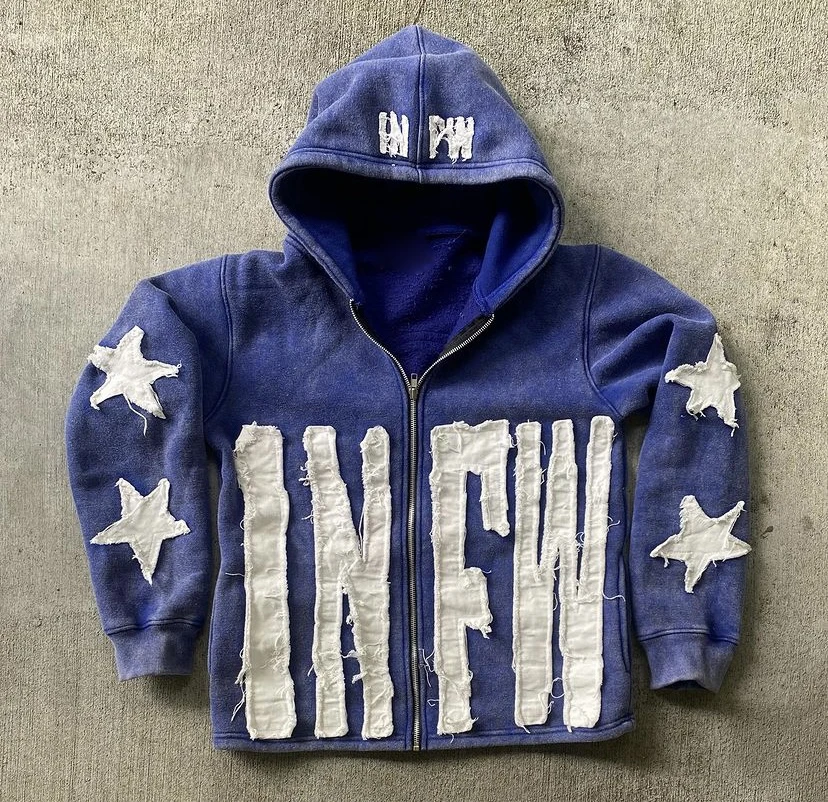 Custom Logo 450gsm Unisex Heavyweight Distressed Embroidery Cut And Sew Zipper Vintage Patch Men Acid Wash Zip Up Hoodie